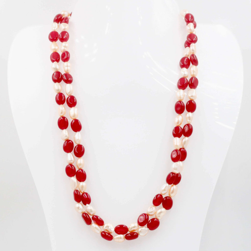 Red Quartz w/ Baroque Pearl Jewelry: Long & Layered Necklace