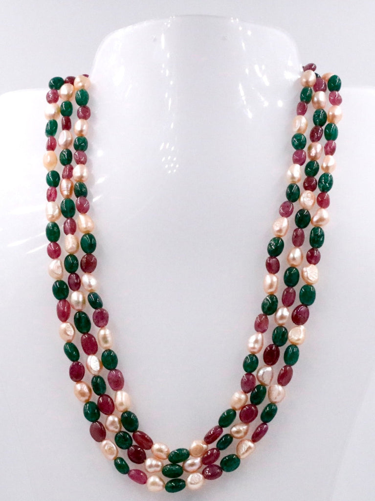 Freshwater pearl beads necklace with vibrant gemstone layers