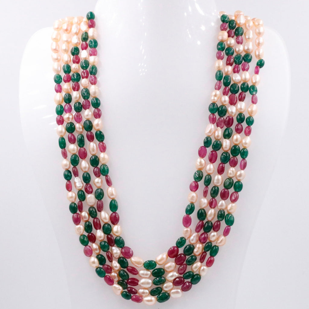 Multi-gemstone layered necklace with aventurine, quartz, and ruby beads