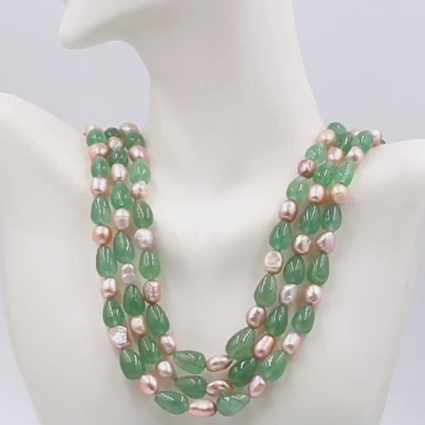 Green Emerald Quartz Cultured Pearl Necklace