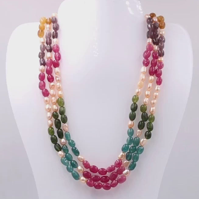 Multi Color Quartz W/ Fresh Water Pearl Gemstone Necklace